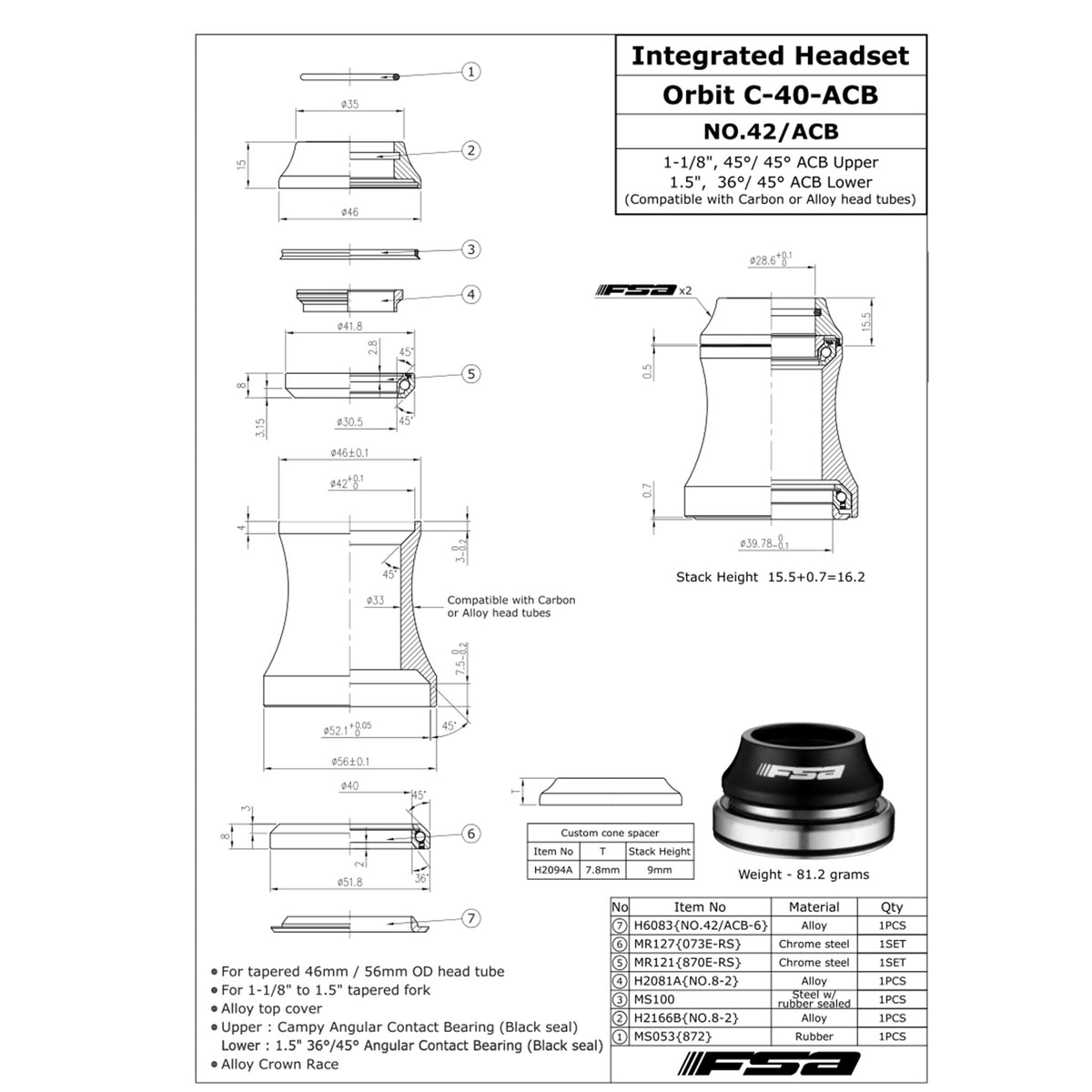 FSA Headset Orbit C-40-ACB Integrated Headset NO.42/ACB